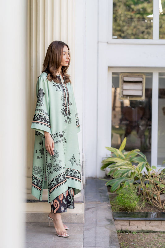 Alwaan by Ayzel – Mint Green & Black Ethnic Digital Printed Swiss Poly Cotton Co-ords AS55 (48" Long Kameez)