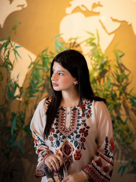 Alwaan by Ayzel – Beige & Maroon Ethnic Digital Printed Swiss Poly Cotton Co-ords AS 86 (36" Medium Length)