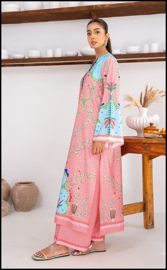Alwaan by Ayzel – Pink & Aqua Botanical Digital Printed Swiss Poly Cotton Co-ords AS 97 (48" Long Length)