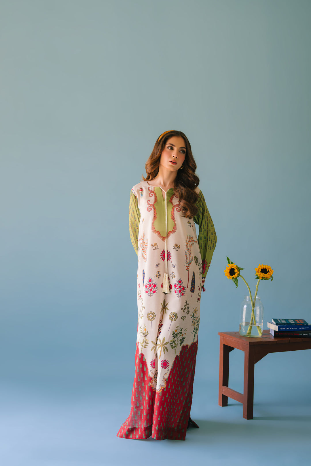 Alwaan by Ayzel – Ivory & Green Garden-Inspired Digital Printed Swiss Poly Cotton Maxi AS 100 (52")