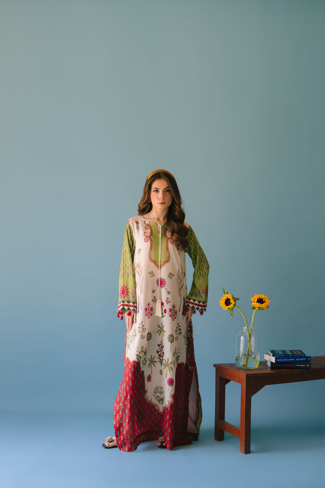 Alwaan by Ayzel – Ivory & Green Garden-Inspired Digital Printed Swiss Poly Cotton Maxi AS 100 (52")