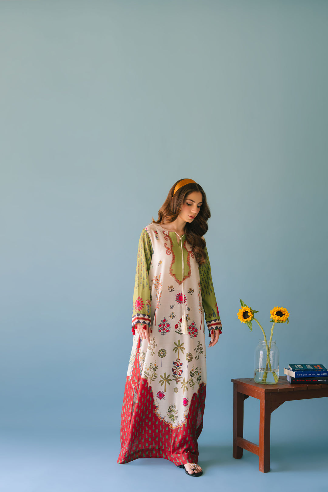Alwaan by Ayzel – Ivory & Green Garden-Inspired Digital Printed Swiss Poly Cotton Maxi AS 100 (52")