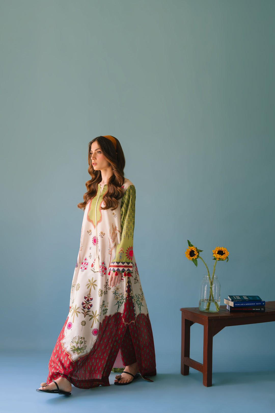 Alwaan by Ayzel – Ivory & Green Garden-Inspired Digital Printed Swiss Poly Cotton Maxi AS 100 (52")