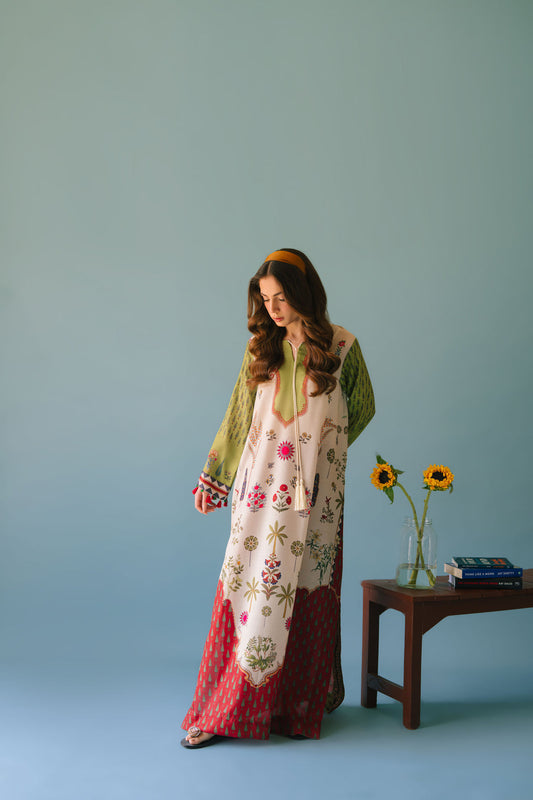 Alwaan by Ayzel – Ivory & Green Garden-Inspired Digital Printed Swiss Poly Cotton Maxi AS 100 (52")