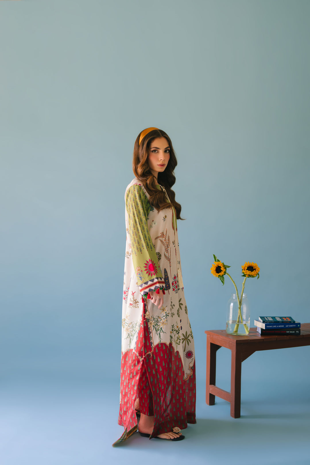 Alwaan by Ayzel – Ivory & Green Garden-Inspired Digital Printed Swiss Poly Cotton Maxi AS 100 (52")