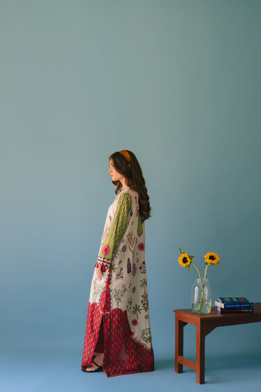 Alwaan by Ayzel – Ivory & Green Garden-Inspired Digital Printed Swiss Poly Cotton Maxi AS 100 (52")