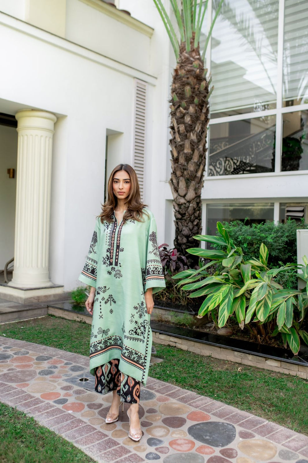 Alwaan by Ayzel – Mint Green & Black Ethnic Digital Printed Swiss Poly Cotton Co-ords AS55 (48" Long Kameez)