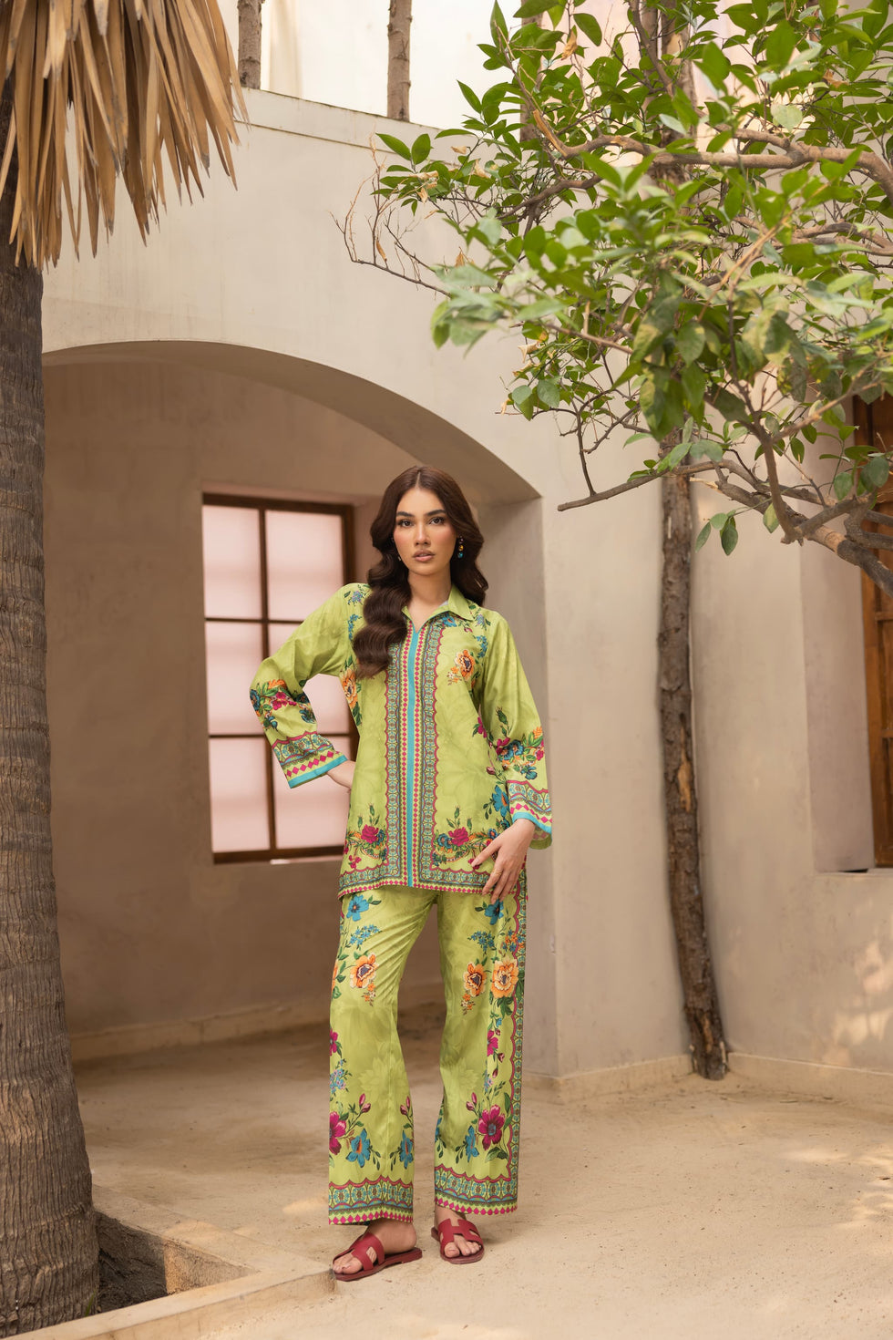 Alwaan by Ayzel – Lime Green Floral Digital Printed Swiss Poly Cotton Co-ords AS88