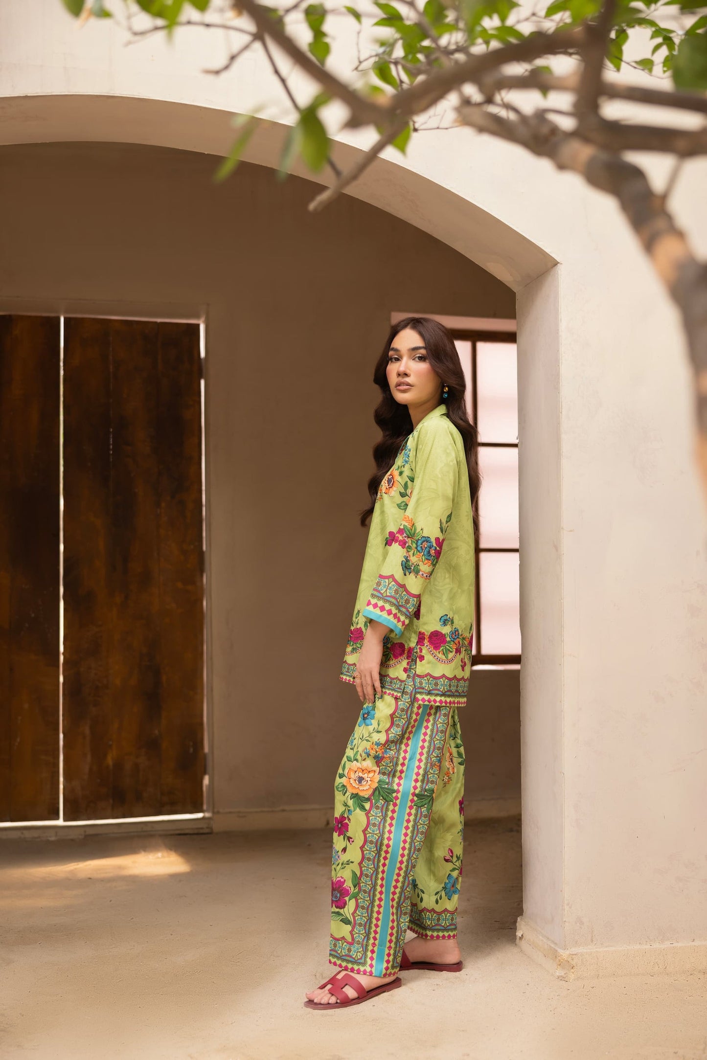 Alwaan by Ayzel – Lime Green Floral Digital Printed Swiss Poly Cotton Co-ords AS88