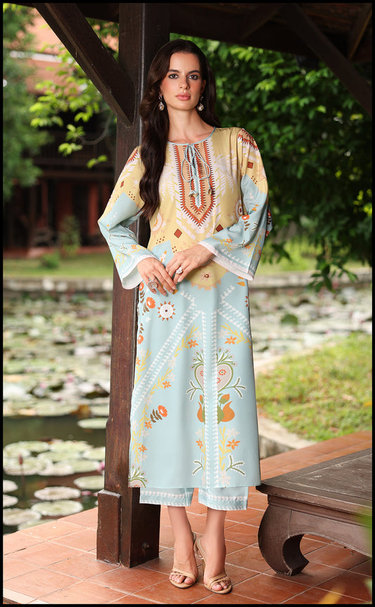 Alwaan by Ayzel – Pastel Blue & Mustard Digital Printed Swiss Poly Cotton Co-ords AS95