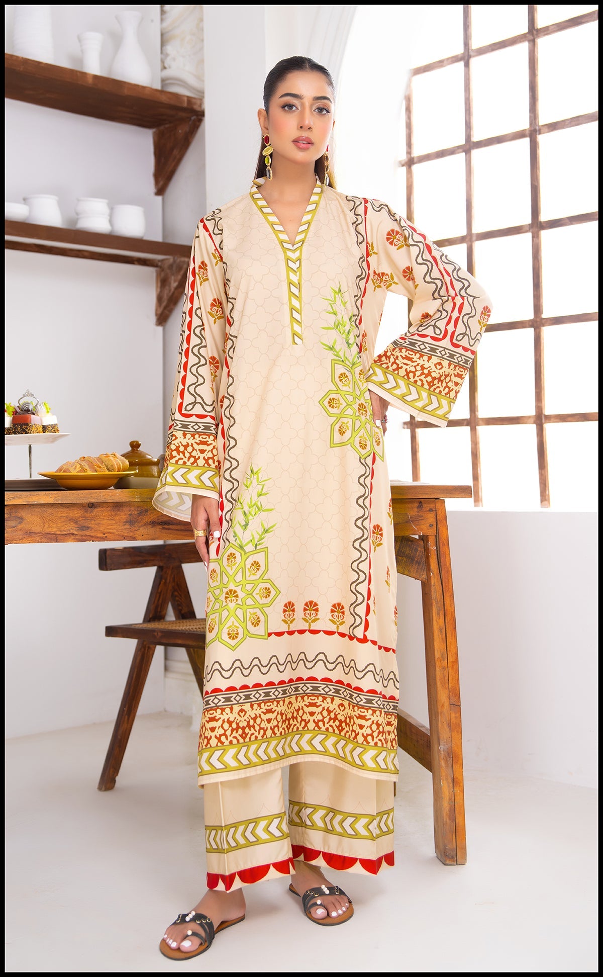 Alwaan by Ayzel – Beige & Lime Ethnic Digital Printed Swiss Poly Cotton Co-ords AS 96 (48" Long Length)