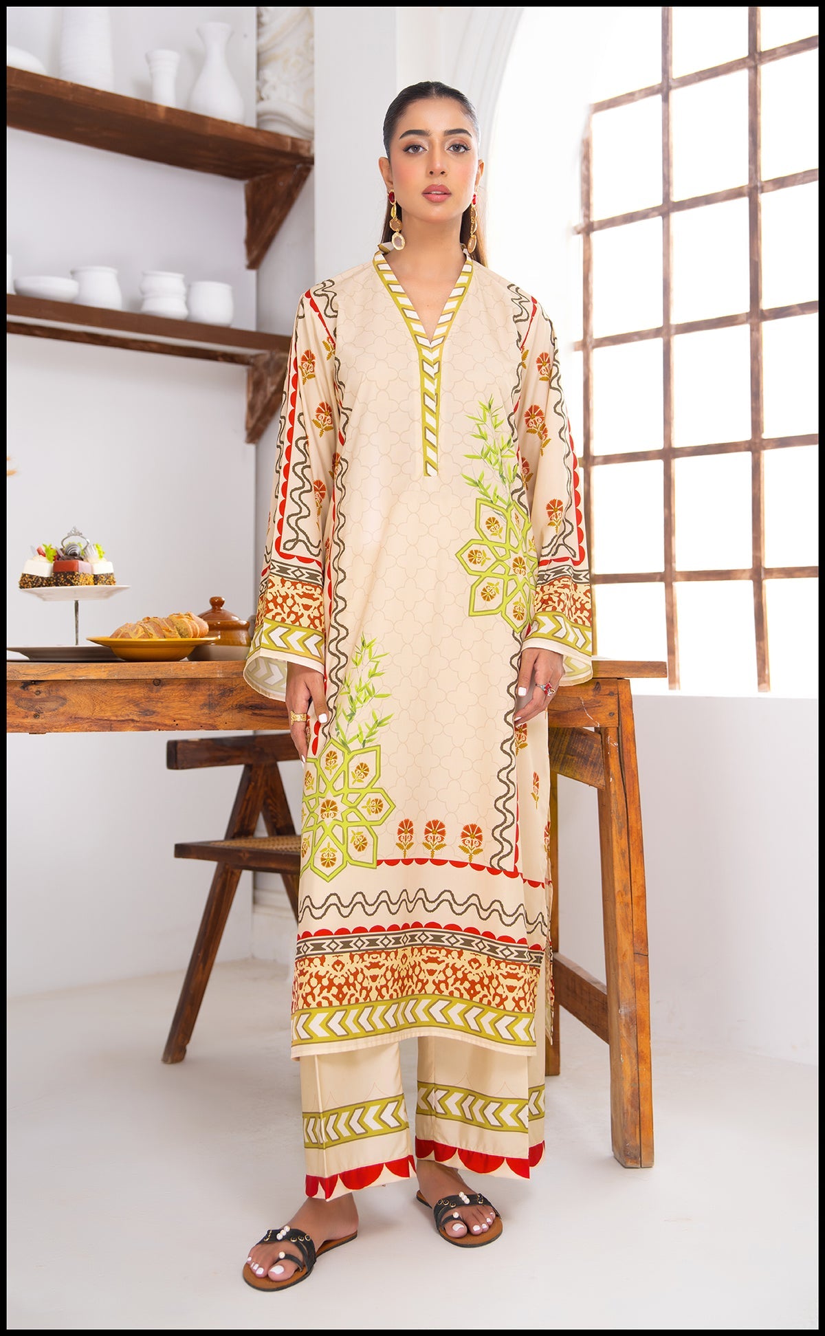 Alwaan by Ayzel – Beige & Lime Ethnic Digital Printed Swiss Poly Cotton Co-ords AS 96 (48" Long Length)