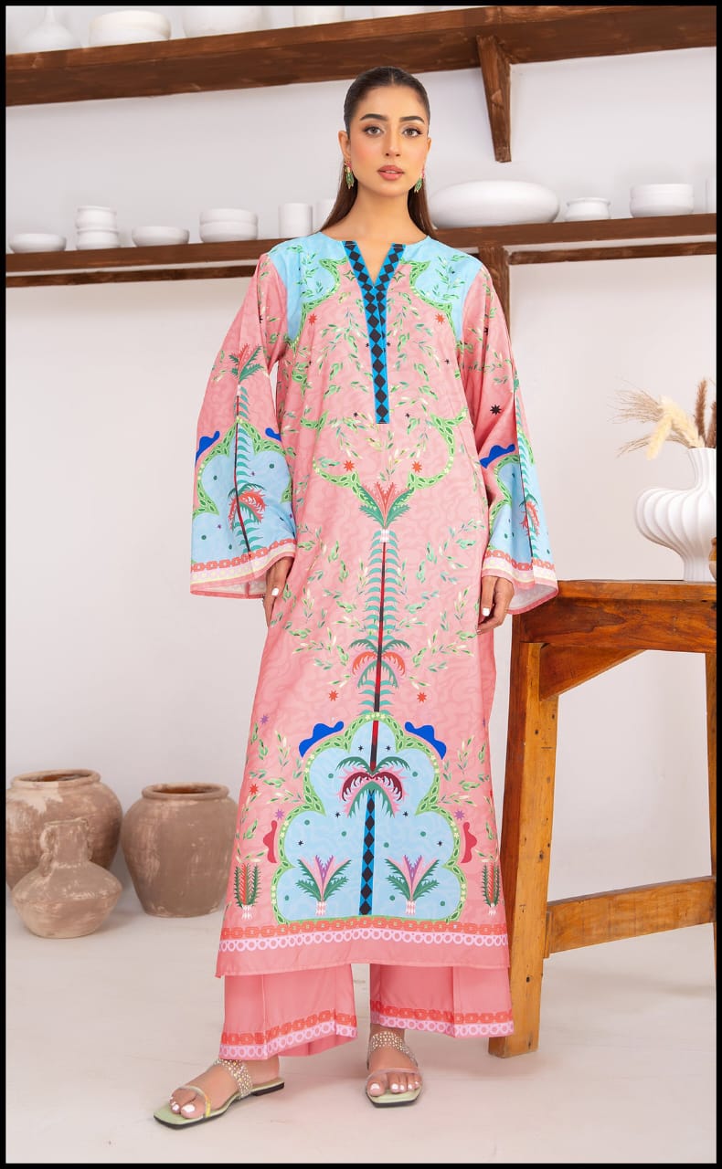Alwaan by Ayzel – Pink & Aqua Botanical Digital Printed Swiss Poly Cotton Co-ords AS 97 (48" Long Length)