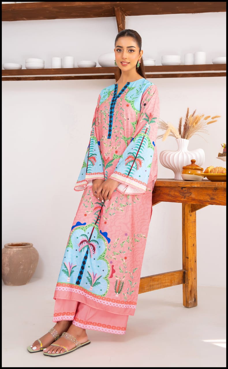 Alwaan by Ayzel – Pink & Aqua Botanical Digital Printed Swiss Poly Cotton Co-ords AS 97 (48" Long Length)