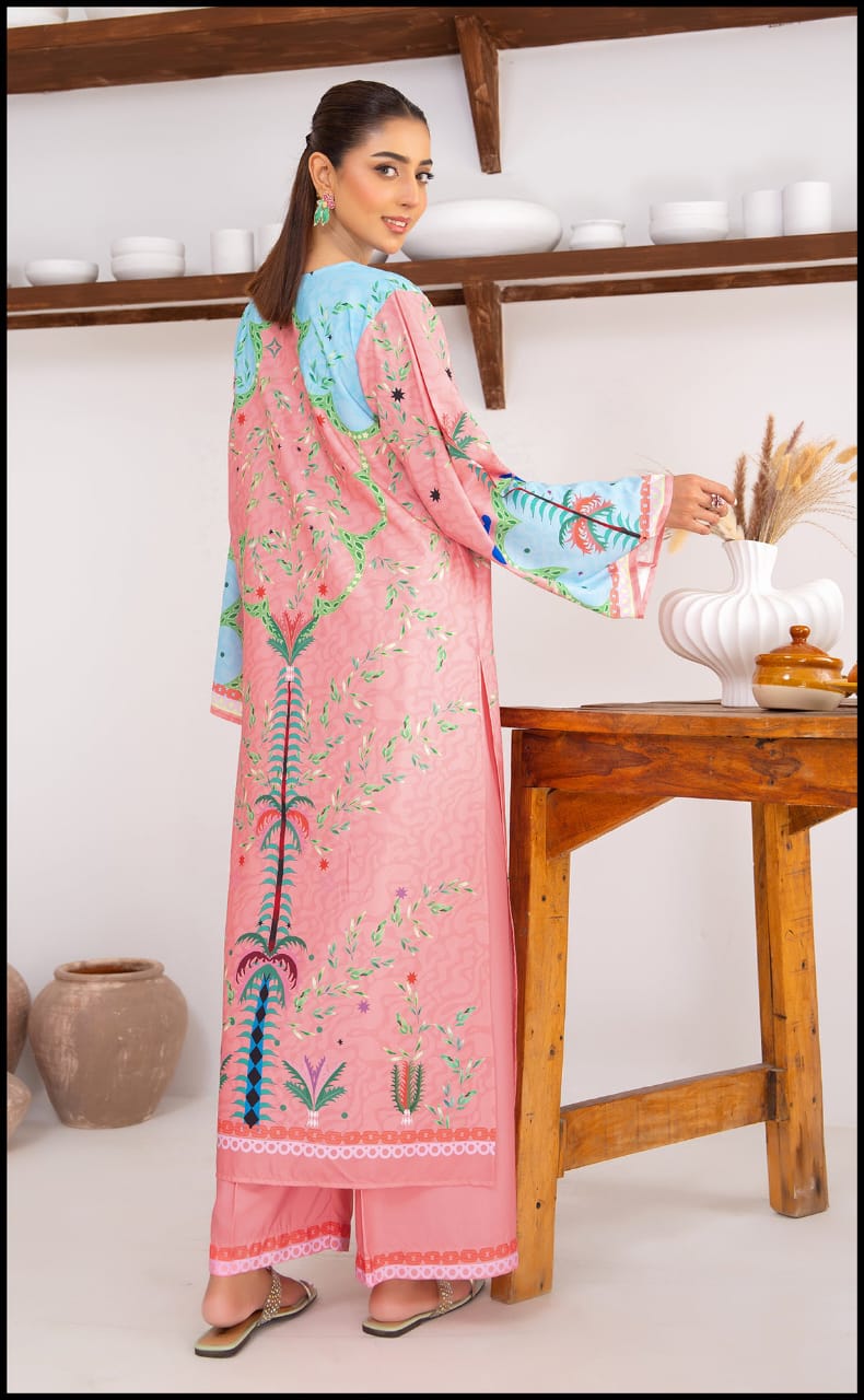Alwaan by Ayzel – Pink & Aqua Botanical Digital Printed Swiss Poly Cotton Co-ords AS 97 (48" Long Length)